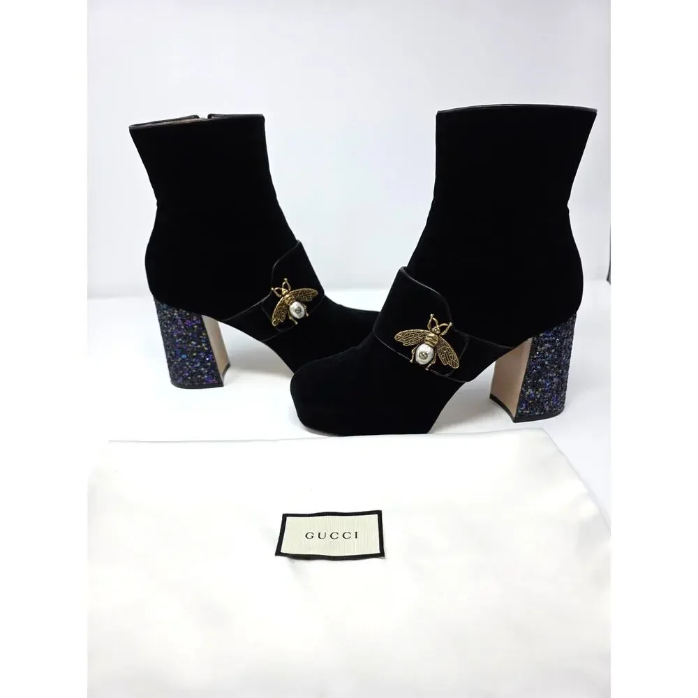 Gucci Platform Soko Bee GG Logo Ankle Boots Black Velvet Square Toe 40.5 10.5